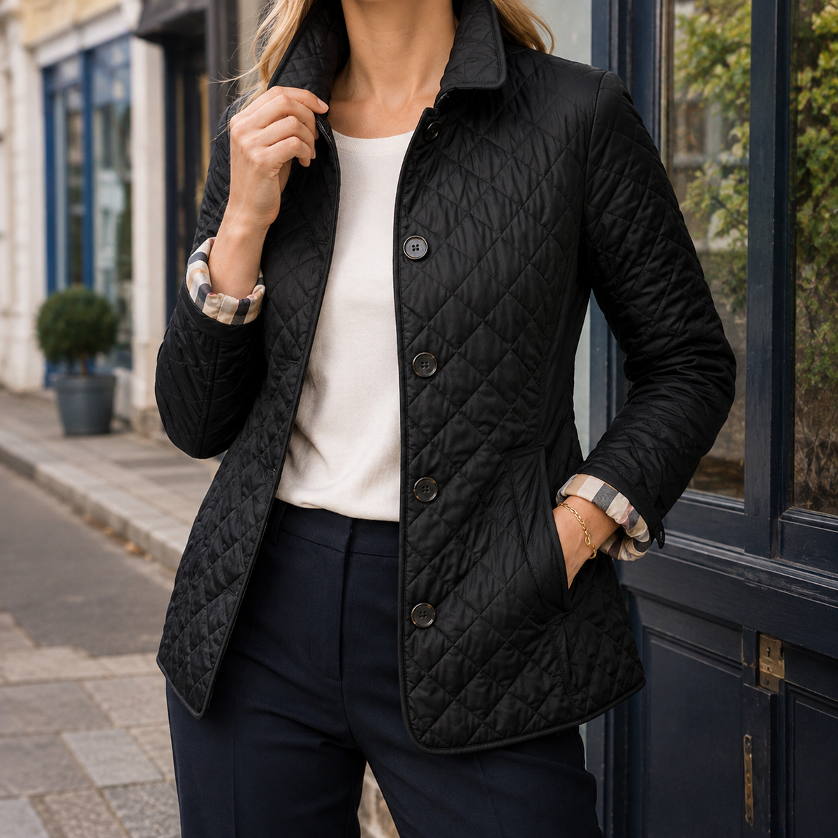 Quilted Jacket Polyester Diamond-Quilted with Checked Turn-Back Cuffs
