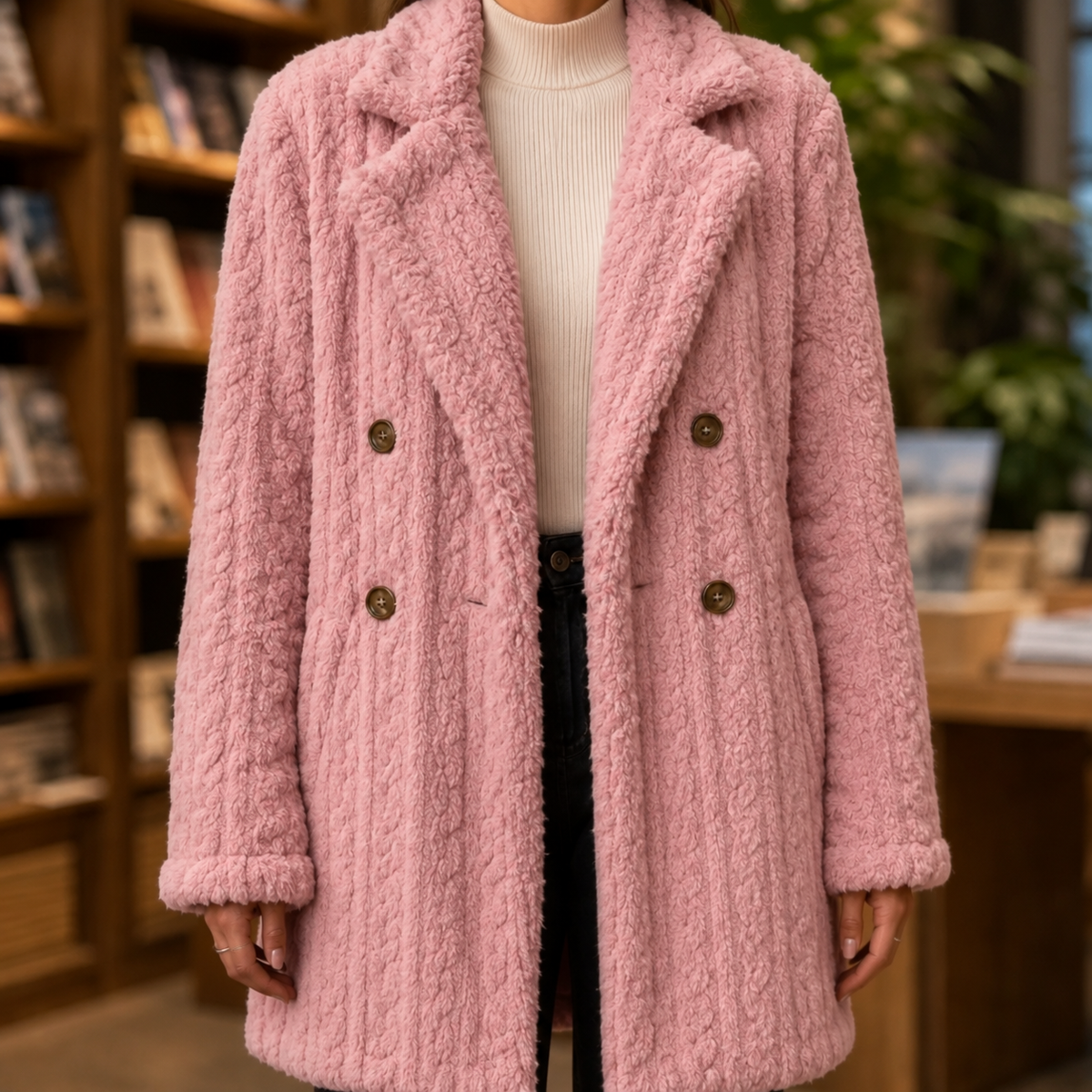 Coat Polyester Longline with Raised Cable Texture and Notched Lapels