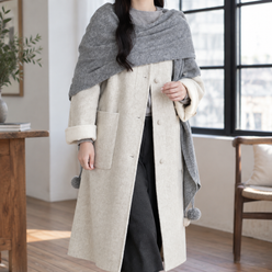 Coat Wool Blend Extra-Long with Patch Pockets and Pom-Pom Scarf