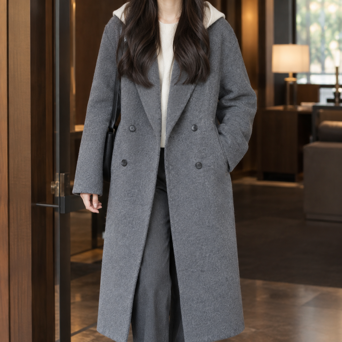 Coat Wool Double-Breasted Longline with Notched Lapels