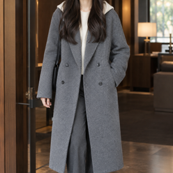 Coat Wool Double-Breasted Longline with Notched Lapels