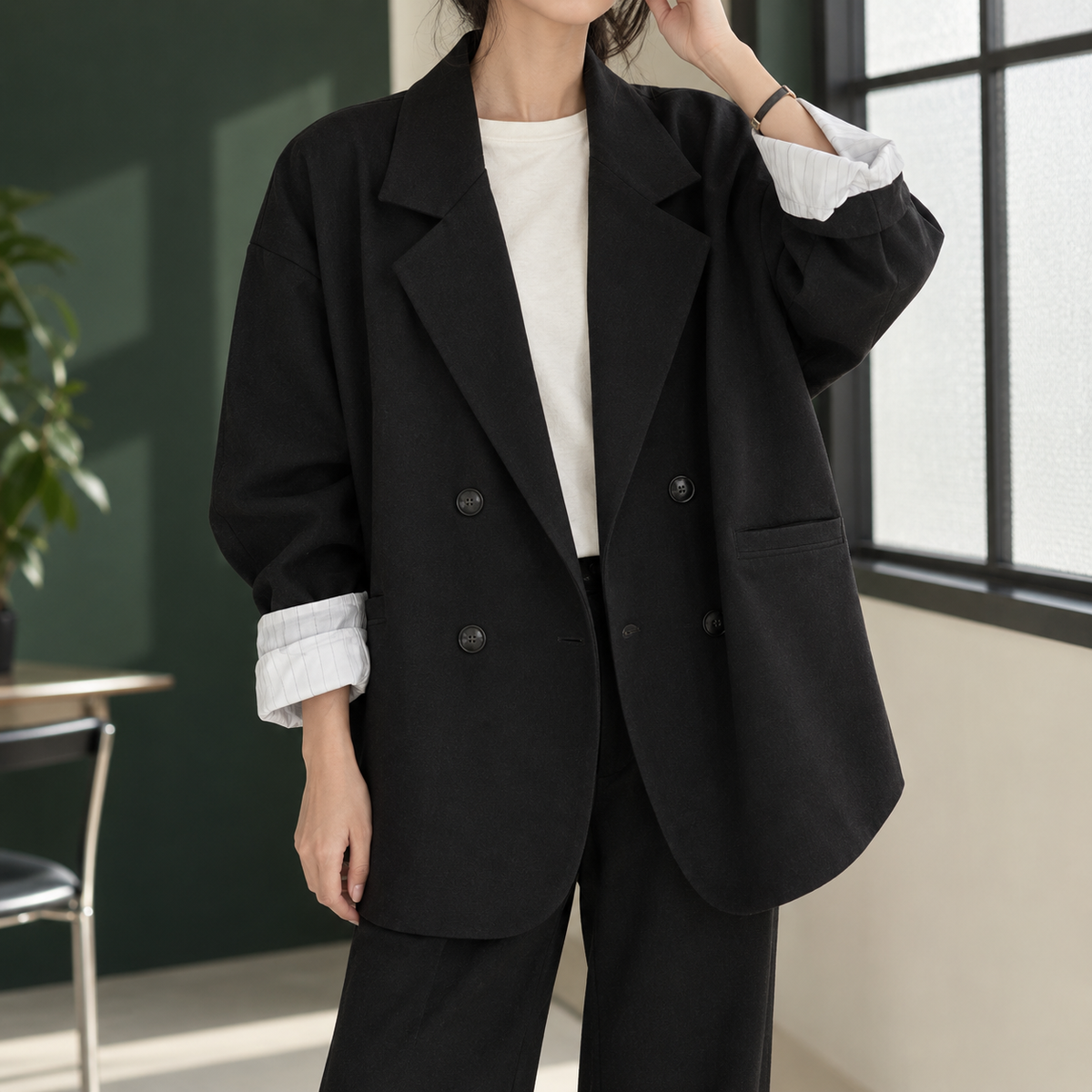 Blazer Polyester Oversized Double-Breasted with Striped Cuffs