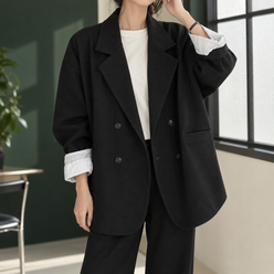 Blazer Polyester Oversized Double-Breasted with Striped Cuffs