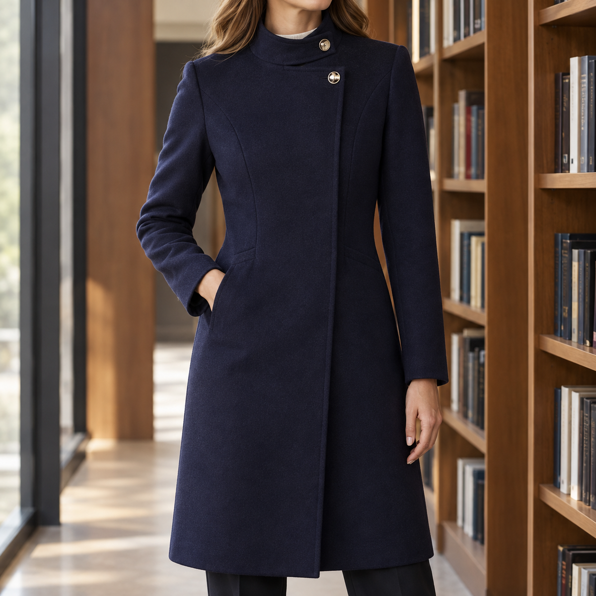 Coat Polyester Stand Collar Fitted Mid-Length with Asymmetric Front