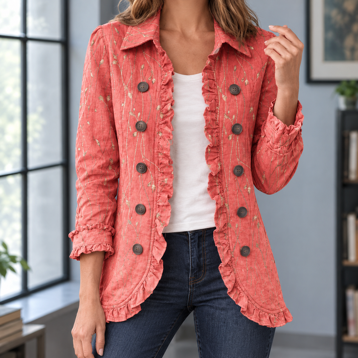 Ruffle Jacket Polyester Hip-Length with Turn-Down Collar