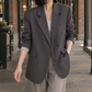 Blazer Polyester Relaxed Hip-Length with Notch Lapels, Offset Buttons