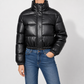 Puffer Jacket Faux Leather Cropped with Funnel Collar and Quilting