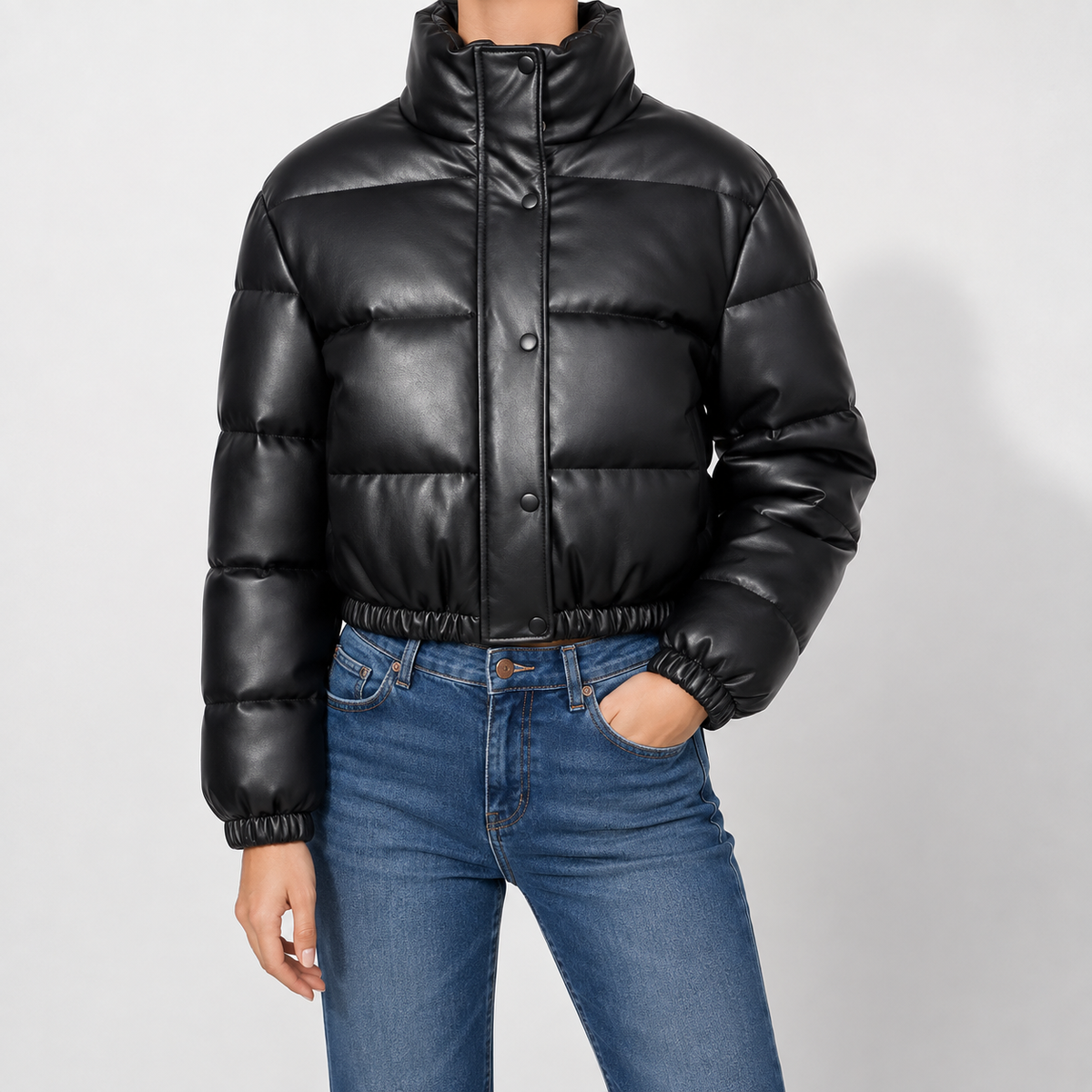 Puffer Jacket Faux Leather Cropped with Funnel Collar and Quilting