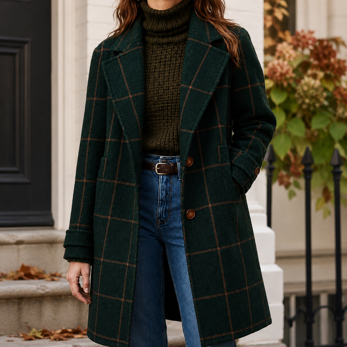 Coat Polyester Plaid Windowpane Straight with Broad Notched Lapels