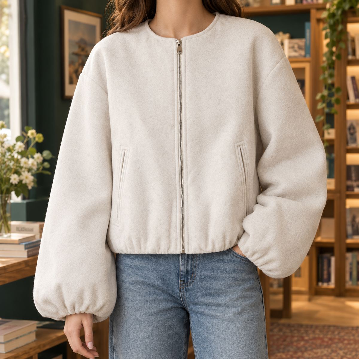 Collarless Jacket Polyester Short with Balloon Sleeves and Zip Front