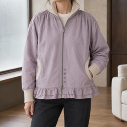 Zip Jacket Polyester Ruffle with Ribbed Contrast Trim and Double Hem
