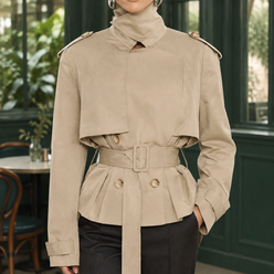 Belted Jacket Polyester Short with Layered Storm Flaps and Wrap Collar