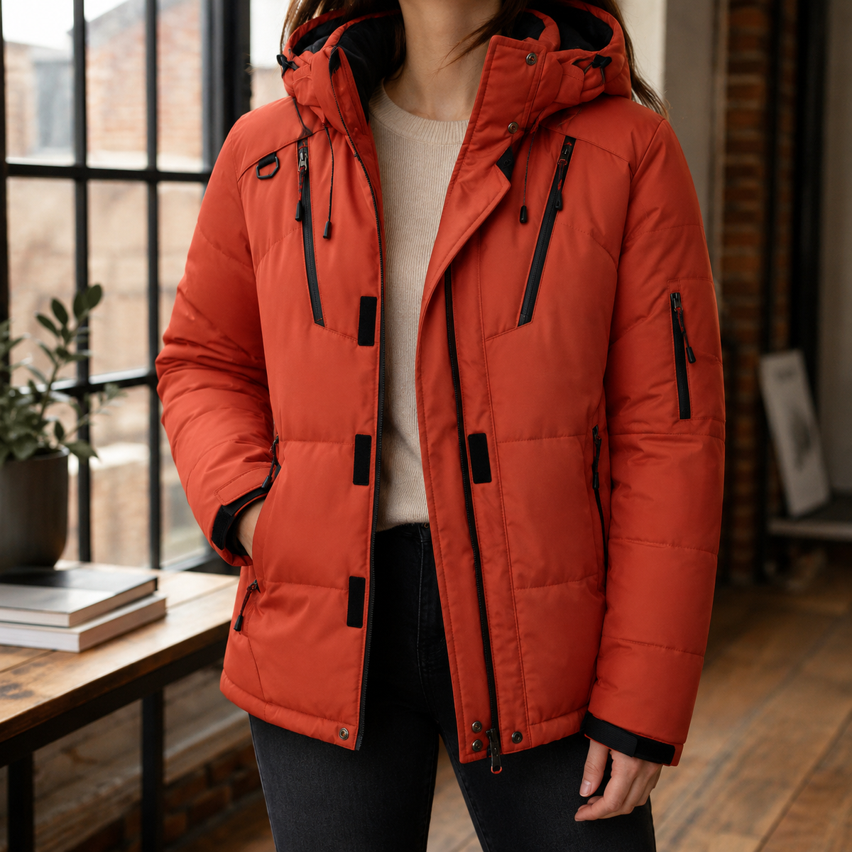 Utility Coat Polyester Padded Hip-Length with Hood and Zip Pockets