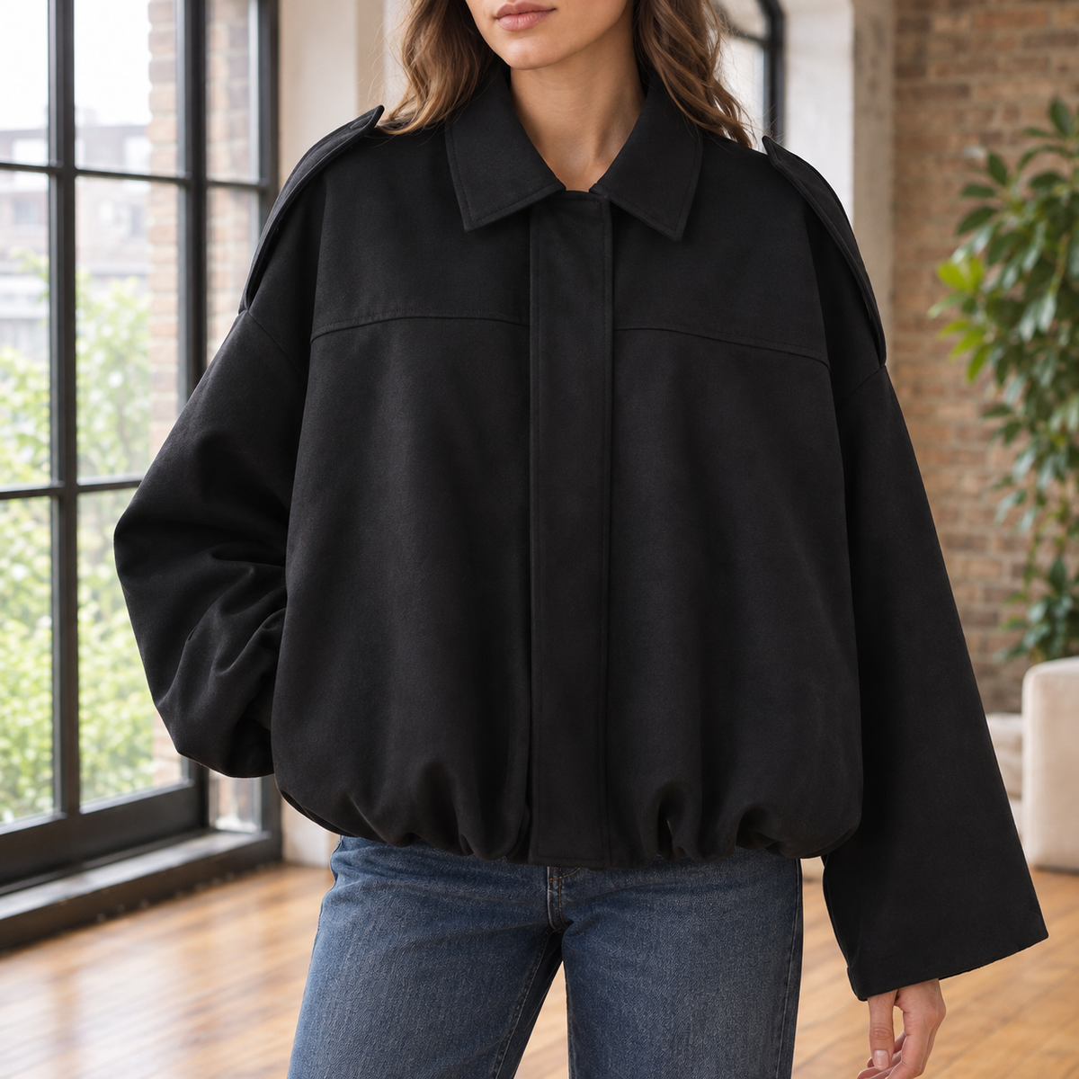 Pilot Jacket Faux Suede Cropped with Concealed Zip and Bubble Hem