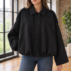Pilot Jacket Faux Suede Cropped with Concealed Zip and Bubble Hem
