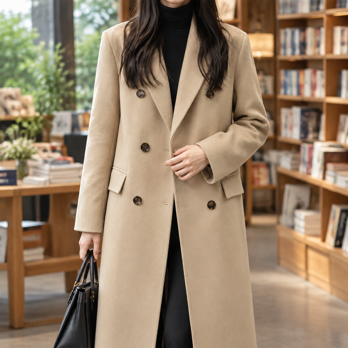 Overcoat Polyester Double-Breasted Longline Regular Fit with Flaps