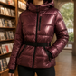 Quilted Jacket Polyester with Padded Hood, Zip Pockets and Belt