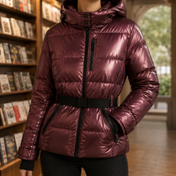 Quilted Jacket Polyester with Padded Hood, Zip Pockets and Belt