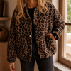 Bomber Jacket Polyester Leopard Print Relaxed with Snap Front