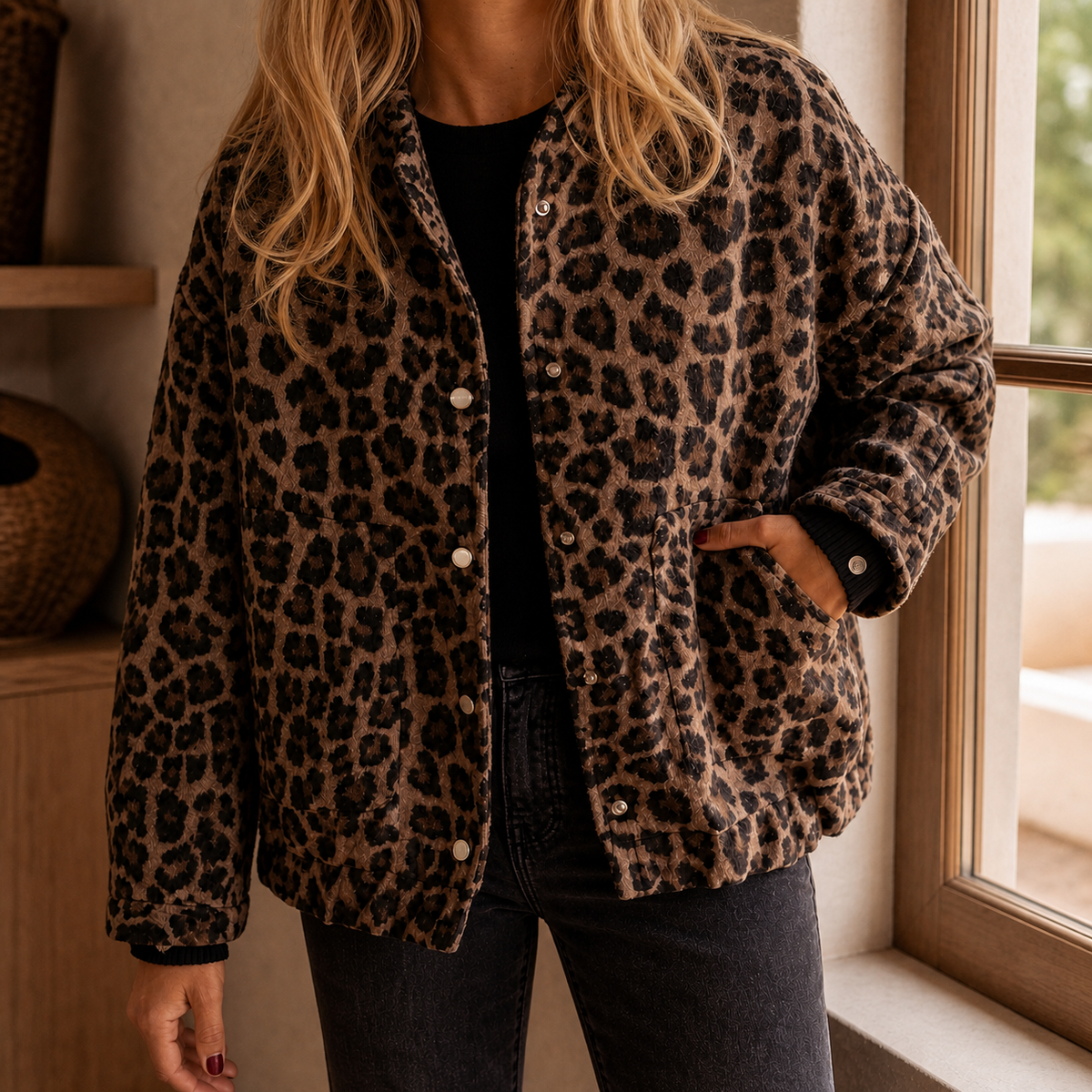 Bomber Jacket Polyester Leopard Print Relaxed with Snap Front