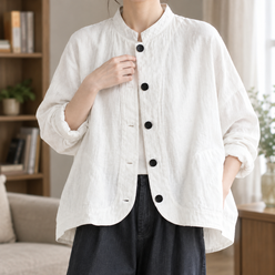 Stand Collar Jacket Cotton Blend Gauze Batwing with Button Front