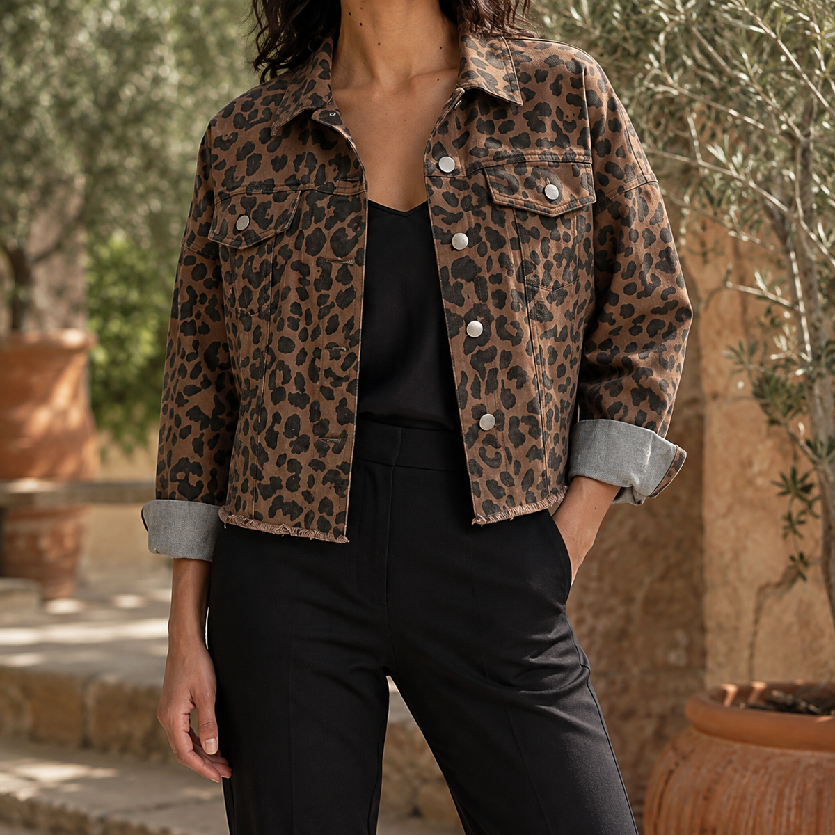 Denim Jacket Leopard-Print Boxy Cropped with Chest Flap Pockets