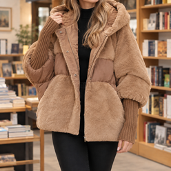 Jacket Cotton Plush and Quilted Panels Cocoon with Hood and Zip