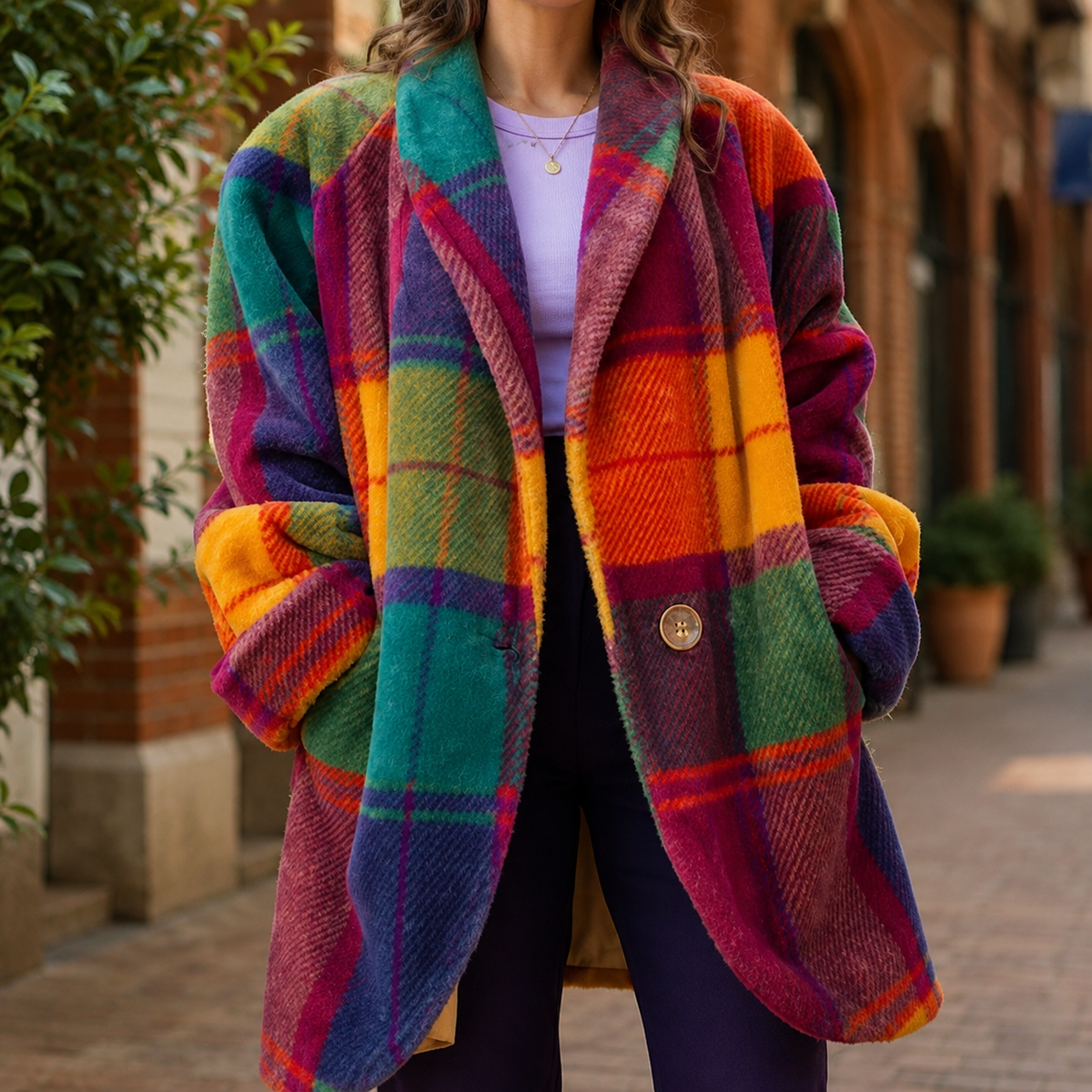 Jacket Wool Plaid Oversized Longline with Wide Notched Lapels
