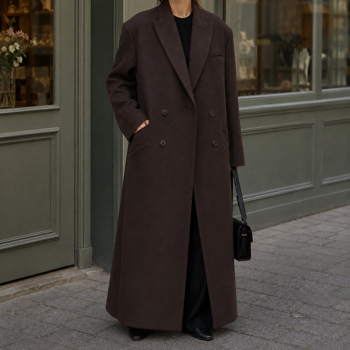 Overcoat Premium Wool Double-Breasted Floor-Length with Broad Lapels