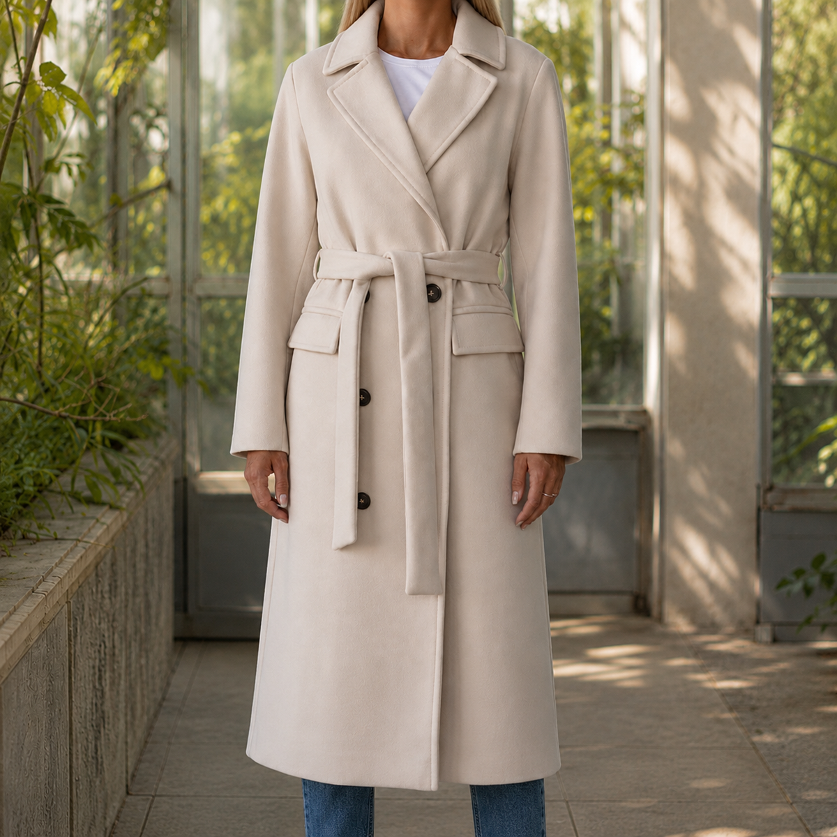 Overcoat Polyester Tailored Double-Breasted with Self-Tie Waist Belt