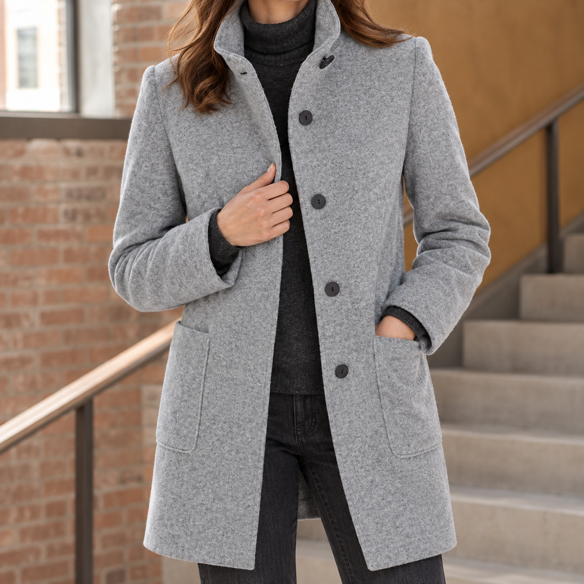 Coat Polyester Mid-Length with Raised Stand Collar and Patch Pockets