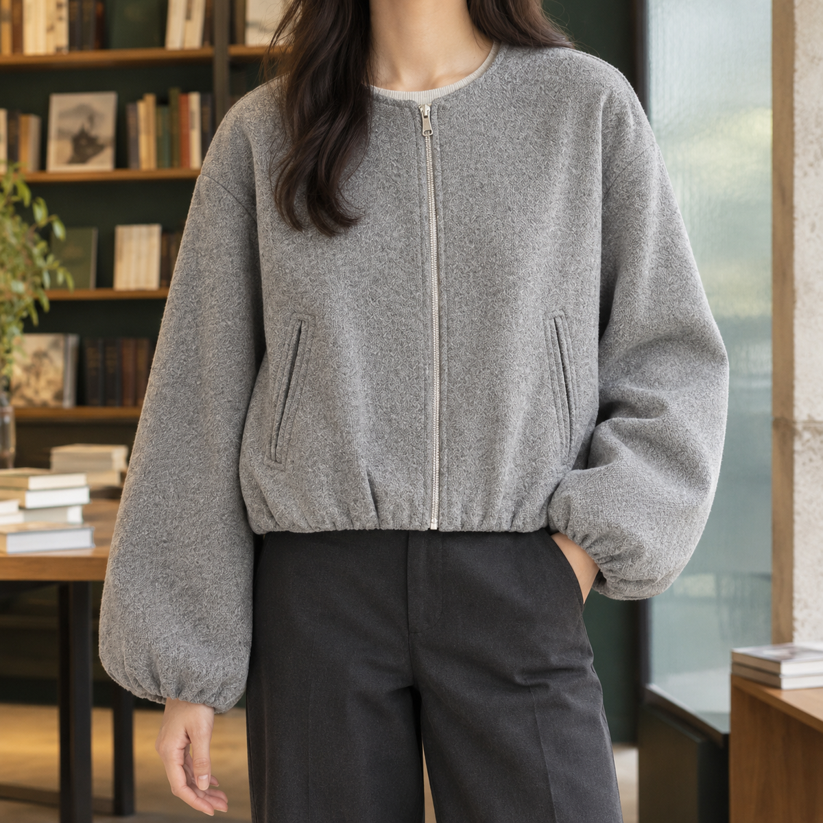 Balloon Sleeve Jacket Polyester Cropped with Round Neck and Full Zip