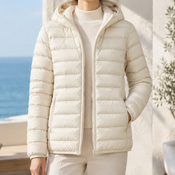 Puffer Jacket White Duck Down Hooded with Horizontal Quilting and Zip