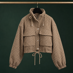 Utility Jacket Polyester Houndstooth Cropped with Flap Chest Pockets