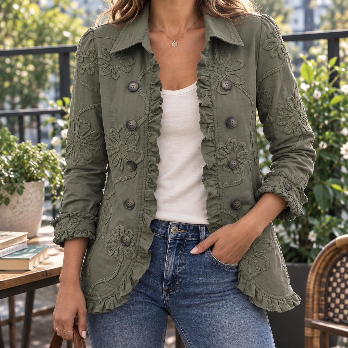Jacket Polyester Tonal Floral Appliqué with Ruffled Placket and Hem