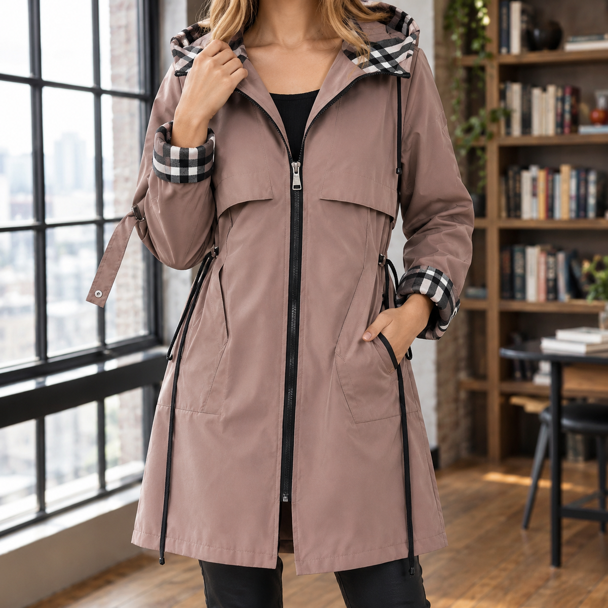 Hooded Jacket Polyester with Check Trim, Full Zip and Drawcord Waist