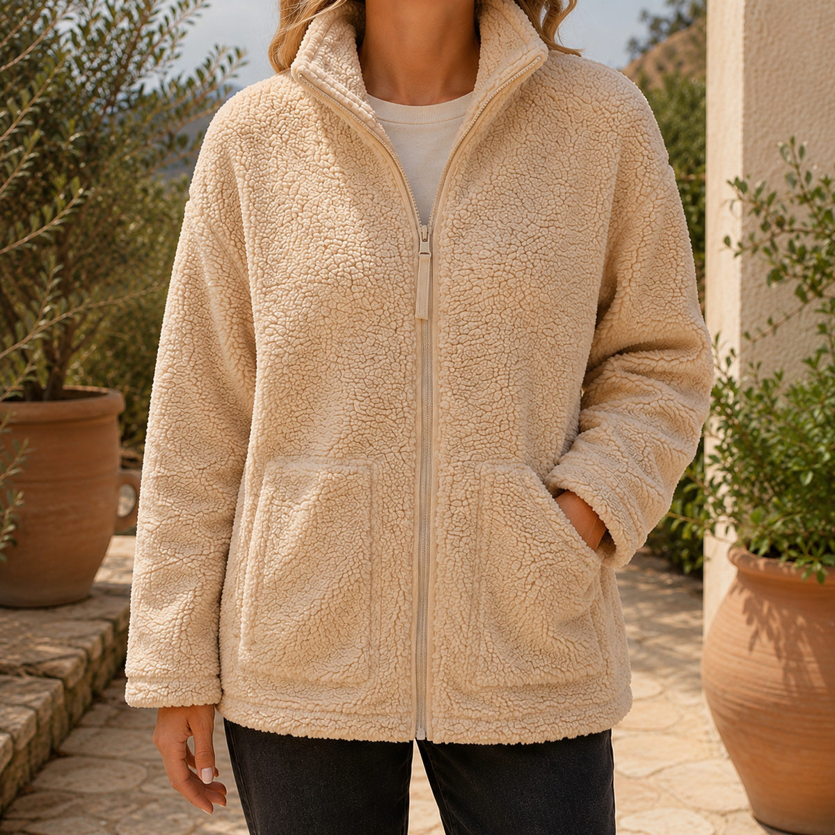 Teddy Jacket Polyester Plush Oversized with Full Zip and Patch Pockets