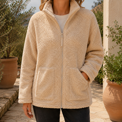 Teddy Jacket Polyester Plush Oversized with Full Zip and Patch Pockets