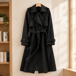 Trench Jacket Cotton Blend Belted Longline with Wide Notched Lapels