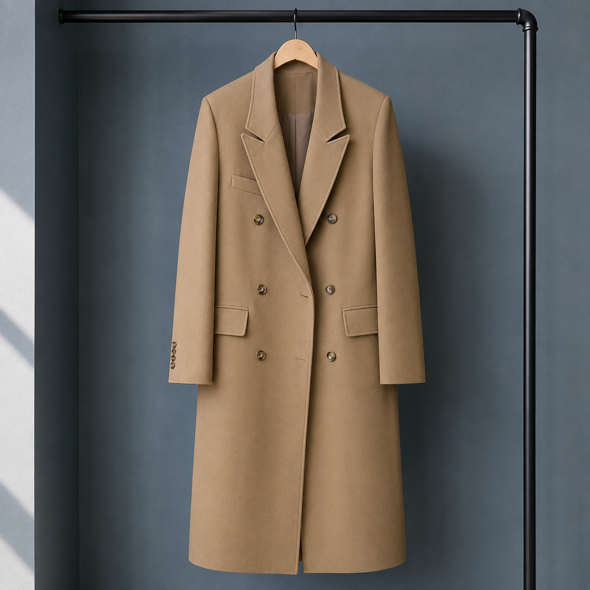 Blazer Polyester Longline Double-Breasted with Broad Peak Lapels
