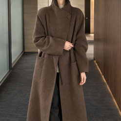 Coat Wool-Rich Blend Asymmetric Wrap Front with Stand Collar