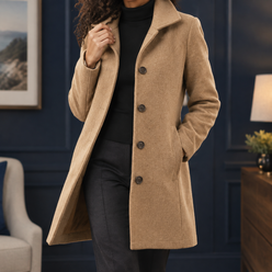 Coat Polyester Mid-Thigh Single-Breasted with Notched Collar