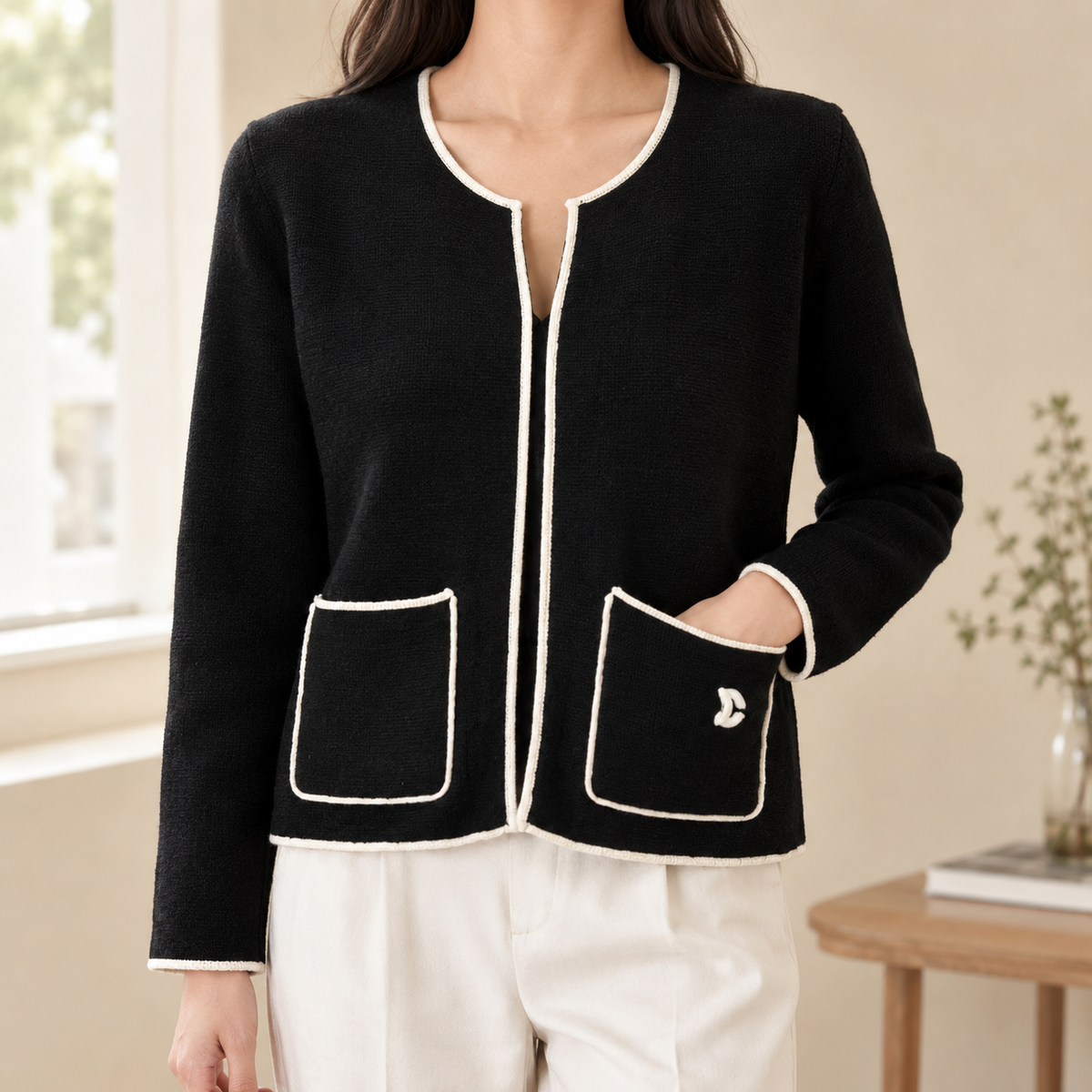 Cropped Contrast Trim Cardigan