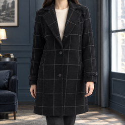 Coat Polyester Windowpane Mid-Length with Notched Lapels
