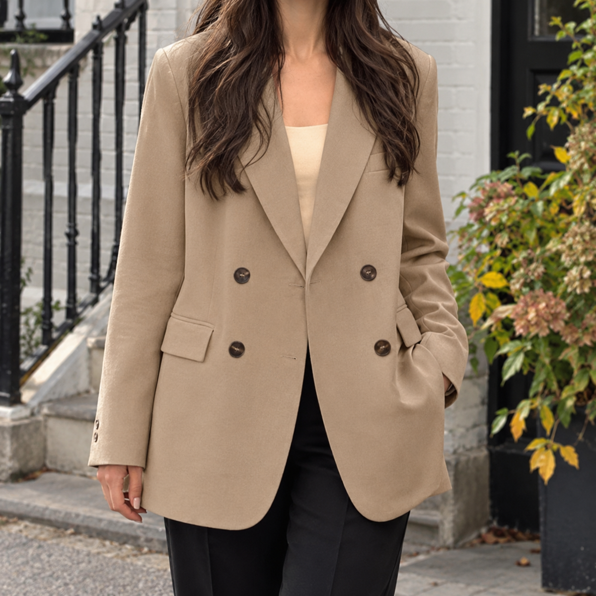 Blazer Polyester Relaxed Double-Breasted with Wide Notched Lapels