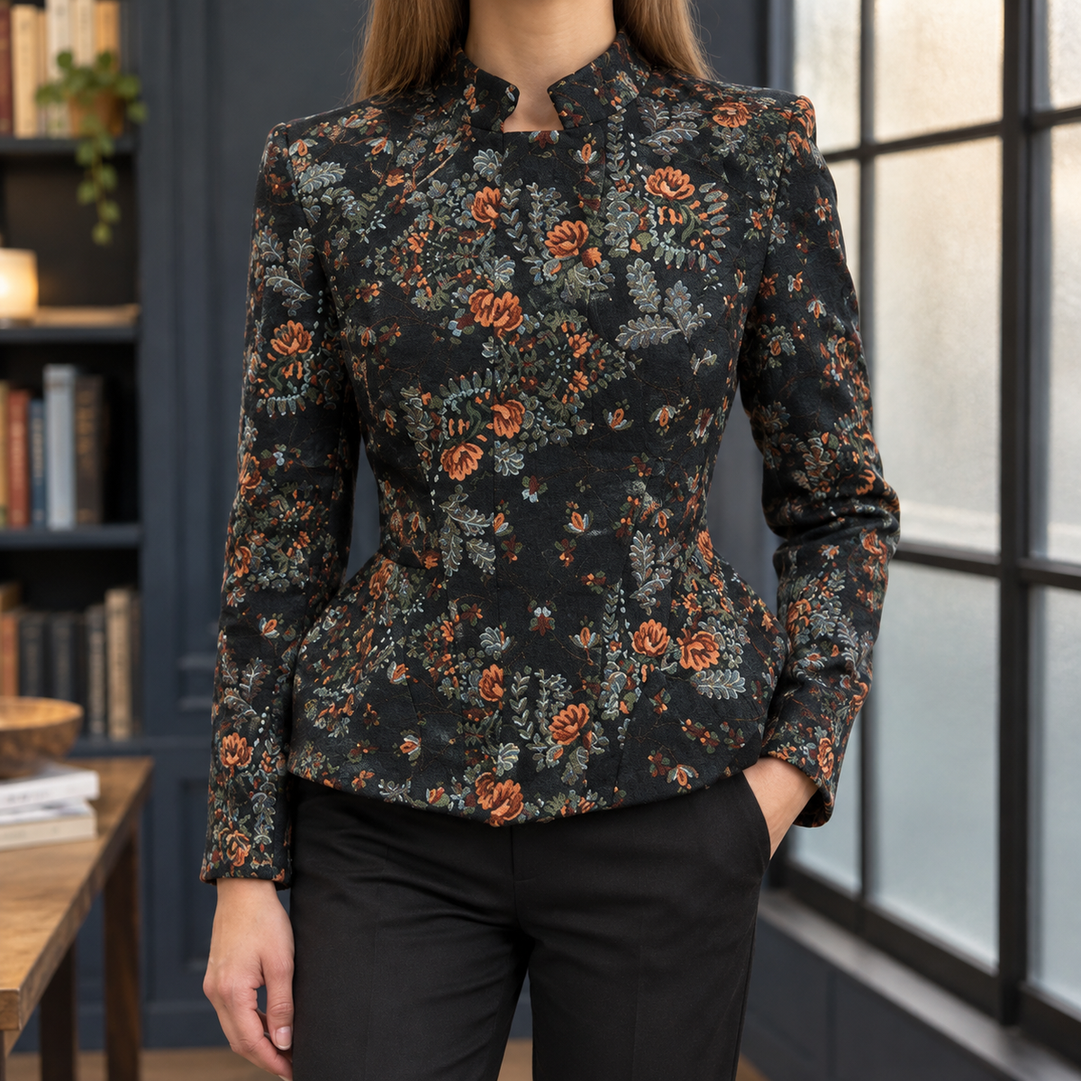 Peplum Jacket Polyester Floral with Stand Collar and Fitted Waist