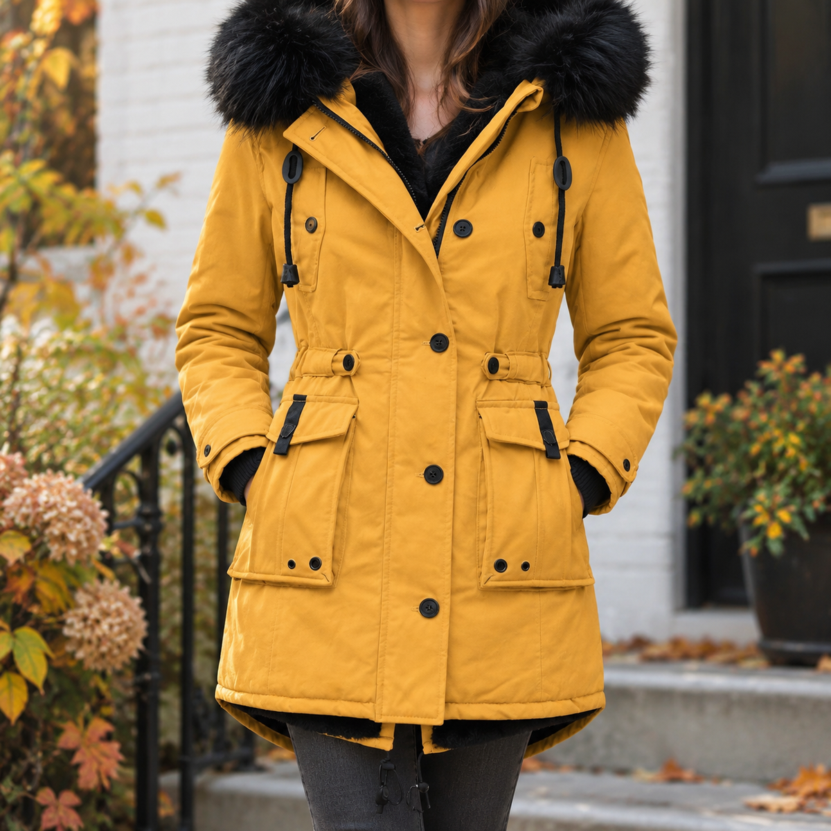 Overcoat Polyester Longline with Plush-Trimmed Hood and Cinched Waist