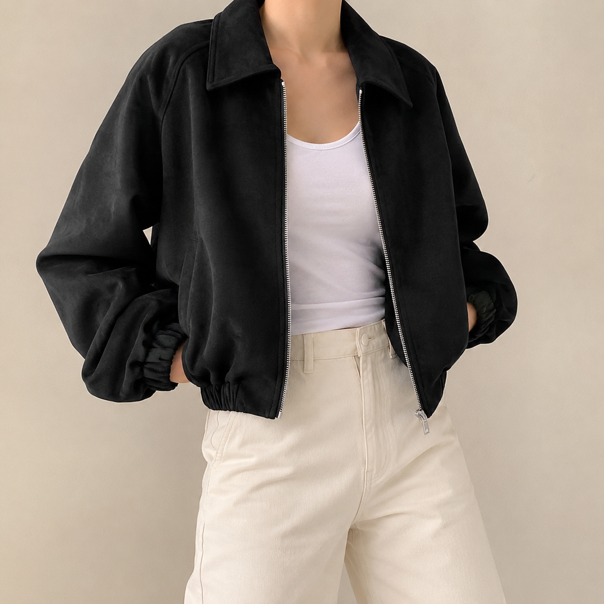 Crop Jacket Faux Suede Loose with Large Collar and Two-Way Zip