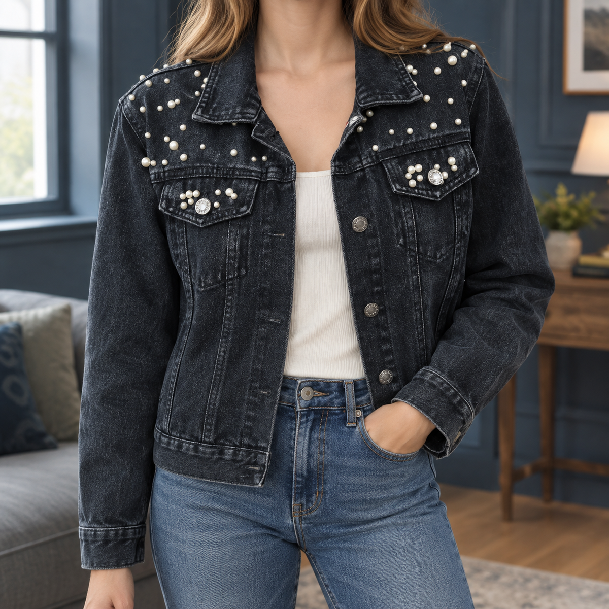 Denim Jacket Washed with Pearl and Gem Embellishment, Flap Pockets