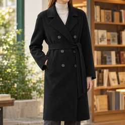 Coat Wool Double-Breasted Longline Straight with Self-Tie Belt